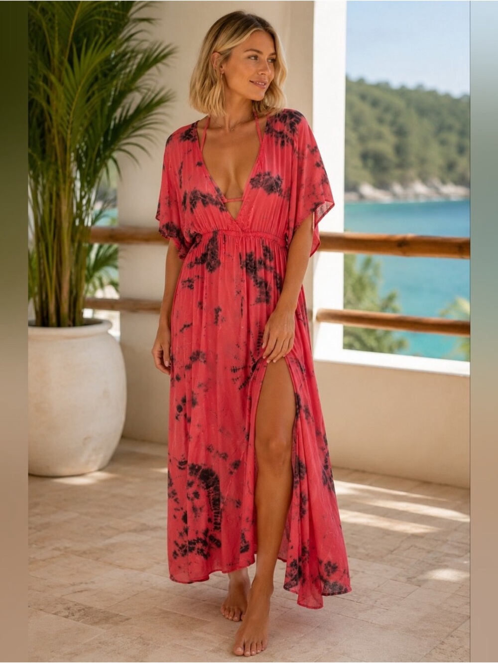 Amuse Society Coral Tie Dye Next Level Della Rosa Flutter Sleeve Maxi Dress